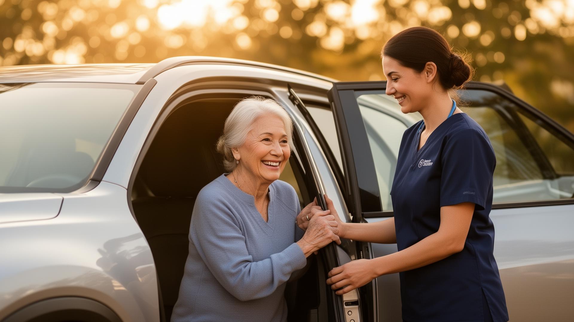 Companion caregiver helping a senior woman into a vehicle